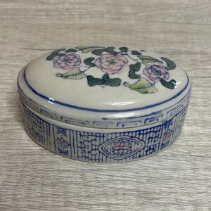 Oval Floral Ceramic Trinket Box - Blue and Pink